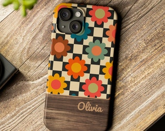Personalized Retro Floral iPhone Case: Groovy Checkered Design