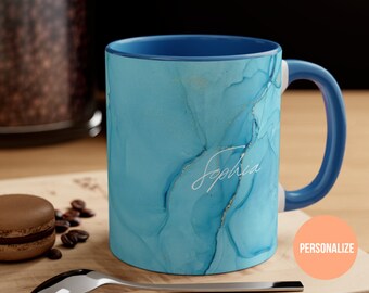 Custom Blue Gold Marble Mug, Personalized Marble Coffee Cup, Custom Name Mug, Colorful Marble Mug, Mug Gift For Her, Marble Pattern Mug