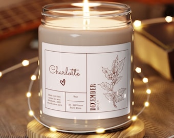 Personalized December Birth Flower Candle: Scented Soy Wax Candle