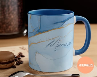 Custom Light Blue Gold Marble Mug, Personalized Marble Coffee Cup, Custom Name Mug, Colorful Marble Mug, Mug Gift For Her, Marble Pattern