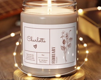 Personalized February Birth Flower Candle: Scented Soy Wax Candle