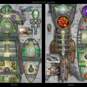 May include: A 24x36 inch poster featuring detailed schematics of a spaceship, labeled "front" and "back." The design incorporates green, brown, and purple elements, with intricate internal layouts and smaller inset images. The word "Hammerhead" is visible.