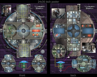 Vanguard Station - listening post: starship poster map. Deckplans for Starfinder, Star Wars, Traveler and other sci-fi games.