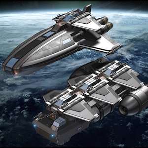 K&ouml;nnte beinhalten: Zwei futuristische Raumschiffe im Orbit um einen Planeten. Das gr&ouml;&szlig;ere Raumschiff ist grau und hat einen gro&szlig;en Motor am Heck. Das kleinere Raumschiff ist schwarz und hat ein elegantes Design.