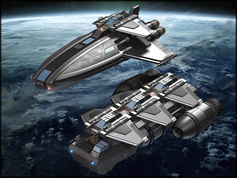 K&ouml;nnte beinhalten: Zwei futuristische Raumschiffe im Orbit um einen Planeten. Das gr&ouml;&szlig;ere Raumschiff ist grau und hat einen gro&szlig;en Motor am Heck. Das kleinere Raumschiff ist schwarz und hat ein elegantes Design.
