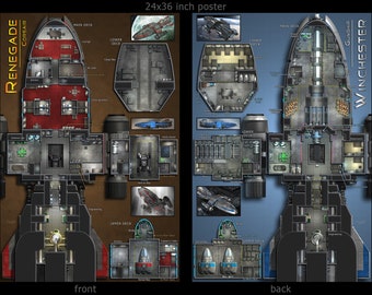 Renegade - corsair: starship poster map. Deckplans for Starfinder, the Star Wars RPG, Traveler and other sci-fi games.