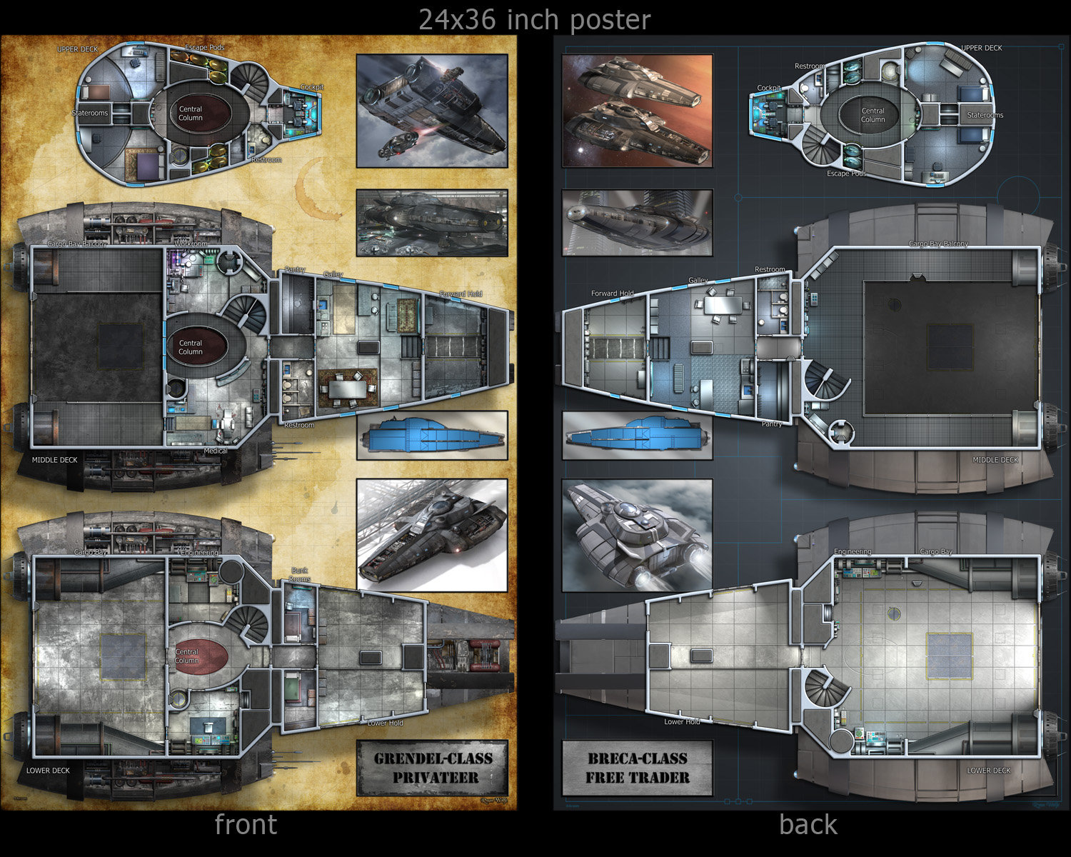 Grendel - free trader: starship poster map. Deckplans for Starfinder, the Star Wars RPG, Traveler and other sci-fi games.