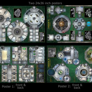 May include: Two 24x36 inch posters featuring detailed floor plans of the Lochlyn IX space station. The posters are printed on a green background with white lines and text. The floor plans show different rooms and areas of the station, including the command center, the medical bay, and the living quarters.