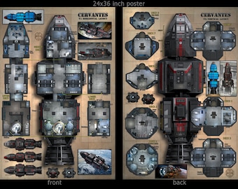 Cervantes - light frigate: starship poster map. Deckplans for Starfinder, the Star Wars RPG, Traveler and other sci-fi games.