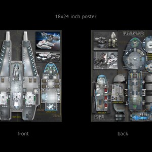 Nightingale, Kalmar, and K62 Shuttle: starship poster maps. Deckplans for Starfinder, the Star Wars RPG, Traveler and other sci-fi games.