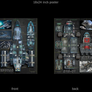 May include: A black and white illustration of a spaceship with the text "SENGDAO" and "SVN-07" on the front and back. The illustration shows the interior layout of the spaceship with different rooms and compartments labeled.