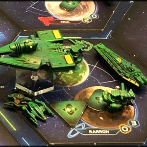 Customized Venture model serving as the Arborec flagship in a game of Twilight Imperium IV.