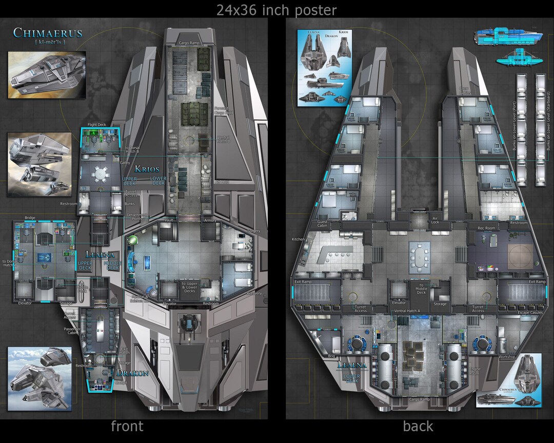 Chimaerus Integrated Transport Starship Poster Map. Deckplans for