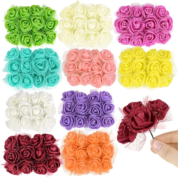 Mini Foam Roses With Wire Stem Mixed Colors Small Foam Flowers for DIY Crafts 2cm Artificial Fake Mini Roses - SET OF 12