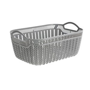 May include: A rectangular gray plastic basket with integrated handles. The basket features a woven pattern on the sides and a series of vertical slots along the top rim. The handles are curved and integrated into the design.