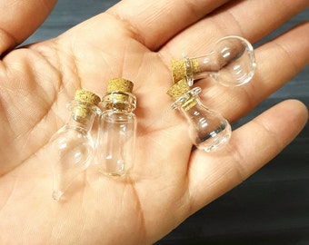 Mini round glass bottles with cork, Tiny glass containers for DIY terrariums, handmade glass charms and jewelry pendants.
