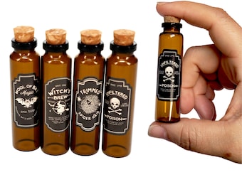 Halloween Apothecary Potion Bottles, Amber Glass Bottles with Cork, Witch Decor, Wizard Potion Bottles, Spooky Halloween Display - Set Of 4