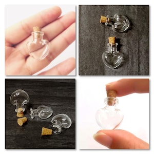 Small heart-shaped glass bottle with cork, Mini glass heart with cork for charms and pendants, Fillable tiny glass heart vial for DIY craft