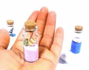 Small glass bottles with sand and shells for DIY beach party favors, Beach in a bottle wedding favors,