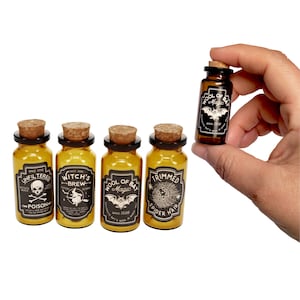 4pc potion and spells mini glass bottles, witches apothecary small empty jars, Miniature Halloween poison bottles, Witch potion bottle set.