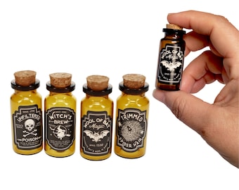 4pc potion and spells mini glass bottles, witches apothecary small empty jars, Miniature Halloween poison bottles, Witch potion bottle set.