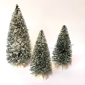 Realistic frosted dollhouse pine trees, Christmas village miniature trees, 5 inch and 4 inch flocked evergreen trees, fake snow mini trees.