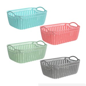 May include: Four rectangular plastic storage baskets in shades of blue, pink, green, and gray. Each basket has a woven design and integrated handles for easy carrying. Ideal for organizing various items.