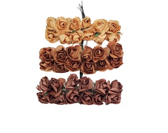 Distressed Brown Shabby Paper Roses for DIY Crafts Beige Paper Flowers - Set of 12 Small Tan Mulberry Paper Mini Roses With Wire Stem