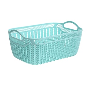 May include: A rectangular, light blue plastic basket with integrated handles. The basket features a woven pattern on the sides and a solid base. The handles are arched for easy carrying. This storage basket is suitable for organizing various items.
