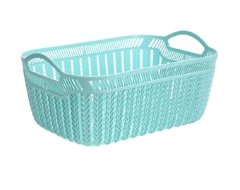 Light Green Woven Plastic Basket, Round Basket With Handles, Spa