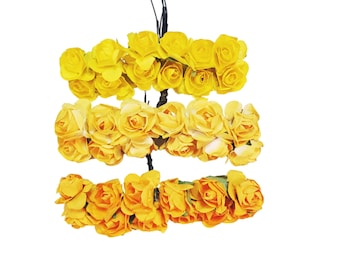 Shabby Yellow Mini Paper Roses for DIY Crafts Distressed Yellow Paper Flower bouquets - Set of 12 Small Mulberry Paper Roses With Wire Stems