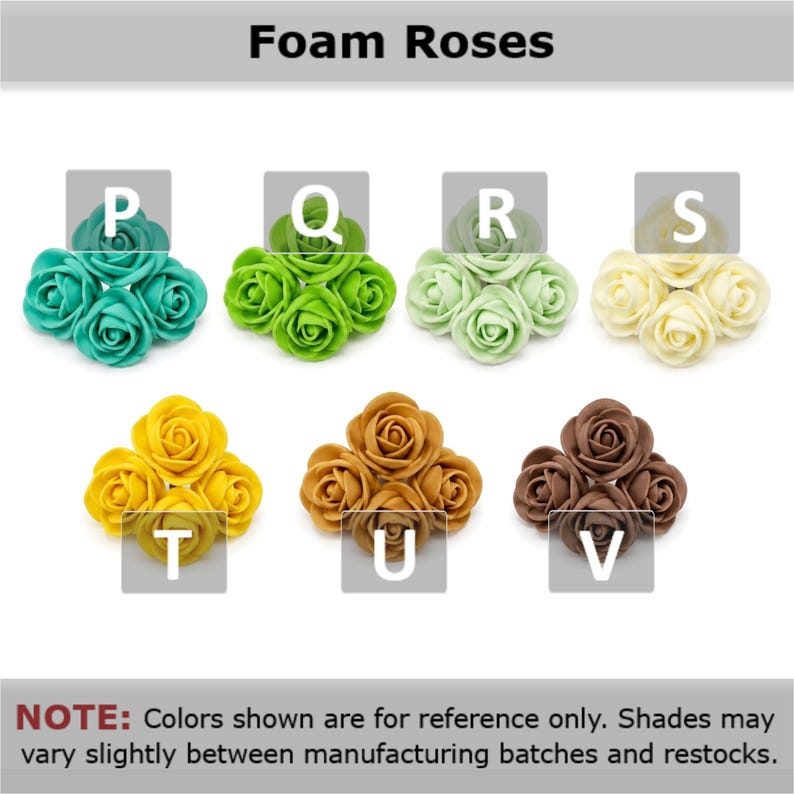 Op de afbeelding: Een collectie schuimrozen gelabeld van P tot V, weergegeven in zeven verschillende kleurgroepen, waaronder taling, felgroen, lichtgroen, cr&egrave;me, geel, beige en bruin. De tekst Foam Roses staat bovenaan, met een opmerking over kleurvariaties.