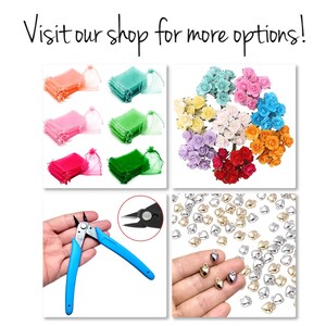 May include: Assortment of craft supplies including small, colorful tulle bags, tiny paper roses in various colors, and silver and gold heart-shaped charms.