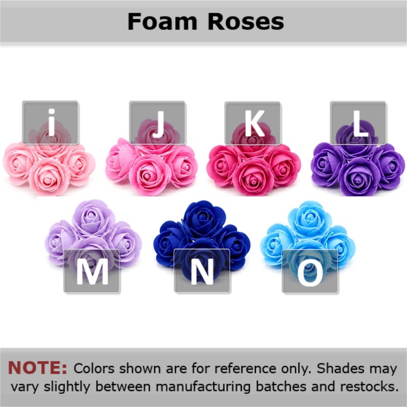 Op de afbeelding: Foam Roses. Zeven clusters van kunstmatige schuimrozen gelabeld i, J, K, L, M, N en O. De kleuren omvatten lichtroze, felroze, magenta, paars, lavendel, donkerblauw en lichtblauw. Elke cluster bevat drie individuele rozen.