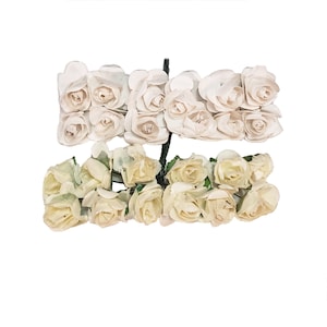 Shabby Ivory White Mini Paper Roses for DIY Crafts Distressed Ivory Paper Flowers, Set of 12 Ivory White Mulberry Paper Roses With Wire Stem