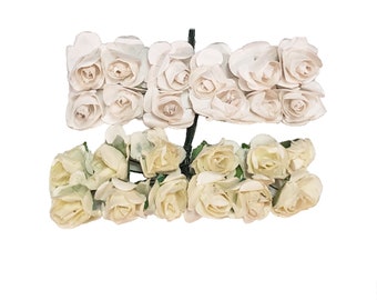 White & Ivory DIY Mini Mulberry Paper Roses with Wire Stems — Shabby Craft Flowers for Scrapbooking, Card Making, Wedding Crafts — SET OF 12