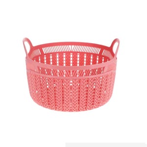 Pink Woven Plastic Basket, Round Basket with Handles, Nursery Basket, Kids Room Organizer, Pink Storage Tray, Girl Gift Set Base.