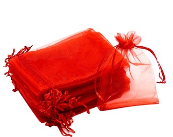 Red organza mini bags red sheer party favor bags, Red small organza candy pouches red wedding favor bags