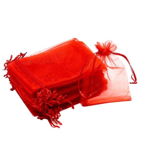 Red organza mini bags red sheer party favor bags, Red small organza candy pouches red wedding favor bags