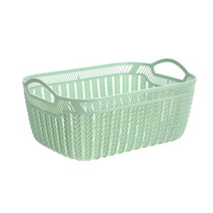 May include: A light green rectangular storage basket with two handles. The basket has a woven pattern on the sides and a slotted design around the top edge. The handles are curved and integrated into the basket's design.
