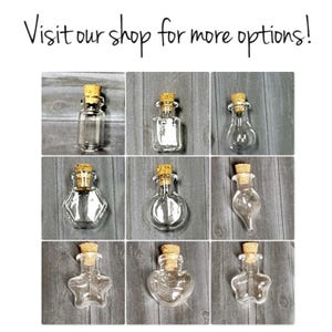 May include: Nine small glass bottles with cork stoppers. The bottles are clear and come in a variety of shapes, including round, square, heart, star, and teardrop.
