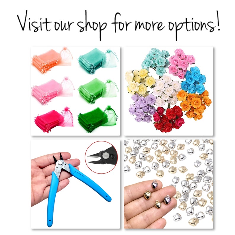May include: Assortment of craft supplies including small, colorful organza bags, paper flowers, silver heart-shaped charms, and wire cutters.