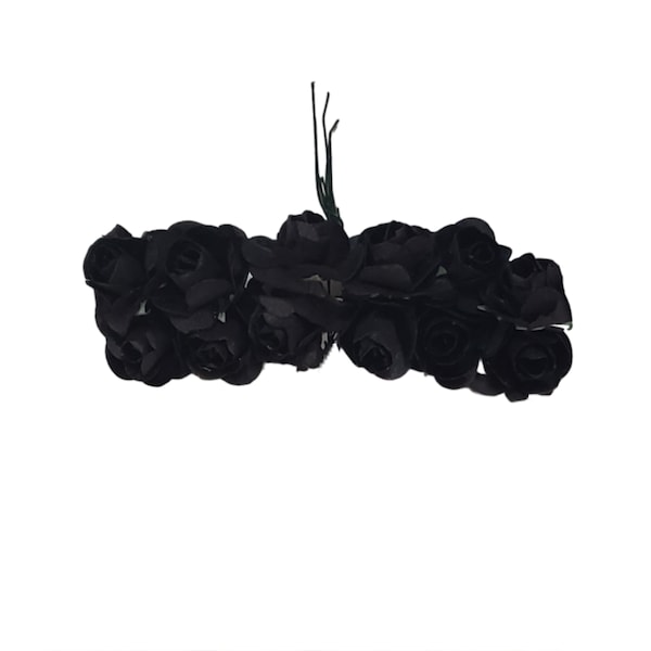 Black Shabby Mini Paper Roses for DIY Crafts Black Distressed Paper Flower bouquet - 12 Small Black Mulberry Paper Roses With Wire Stem