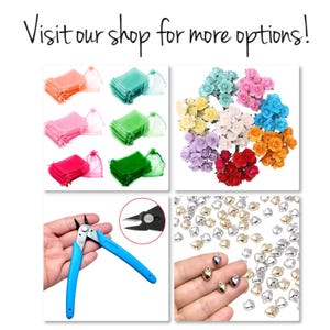 May include: Assortment of craft supplies including small, colorful tulle bags, tiny paper roses in various colors, and silver and gold heart-shaped charms.