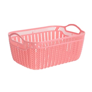 May include: A rectangular, light pink plastic basket with two handles. The basket has a woven pattern on the sides and a slotted design on the top edges. The handles are integrated into the design.