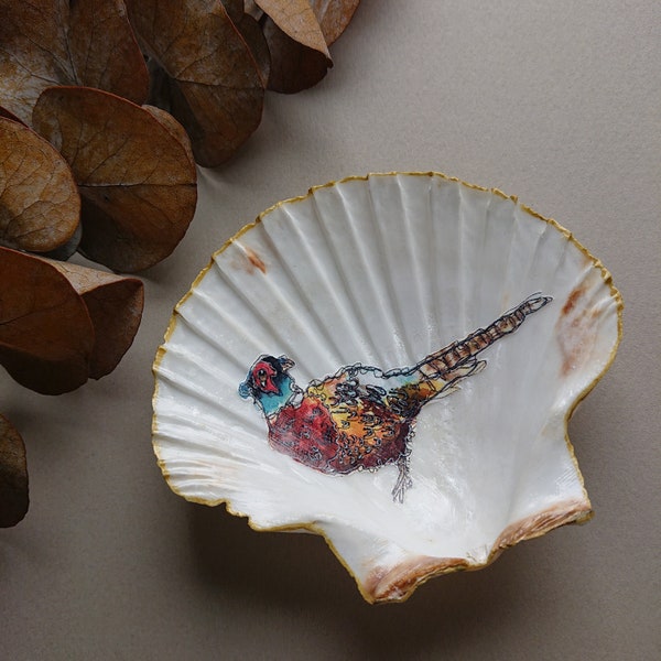Seashell Trinket Dish, Decoupaged Scallop Shell Jewellery Holder, Hand decorated Ring Tray, Pheasant Design with Gold Trim