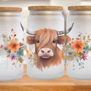 Lattina di vetro con mucca scozzese acquerello 160z/tazza da caffè ghiacciato/lattina Libbey/bicchiere di vetro/lattina di bambù/regali di mucca/vetro con mucca scozzese/mucca carina