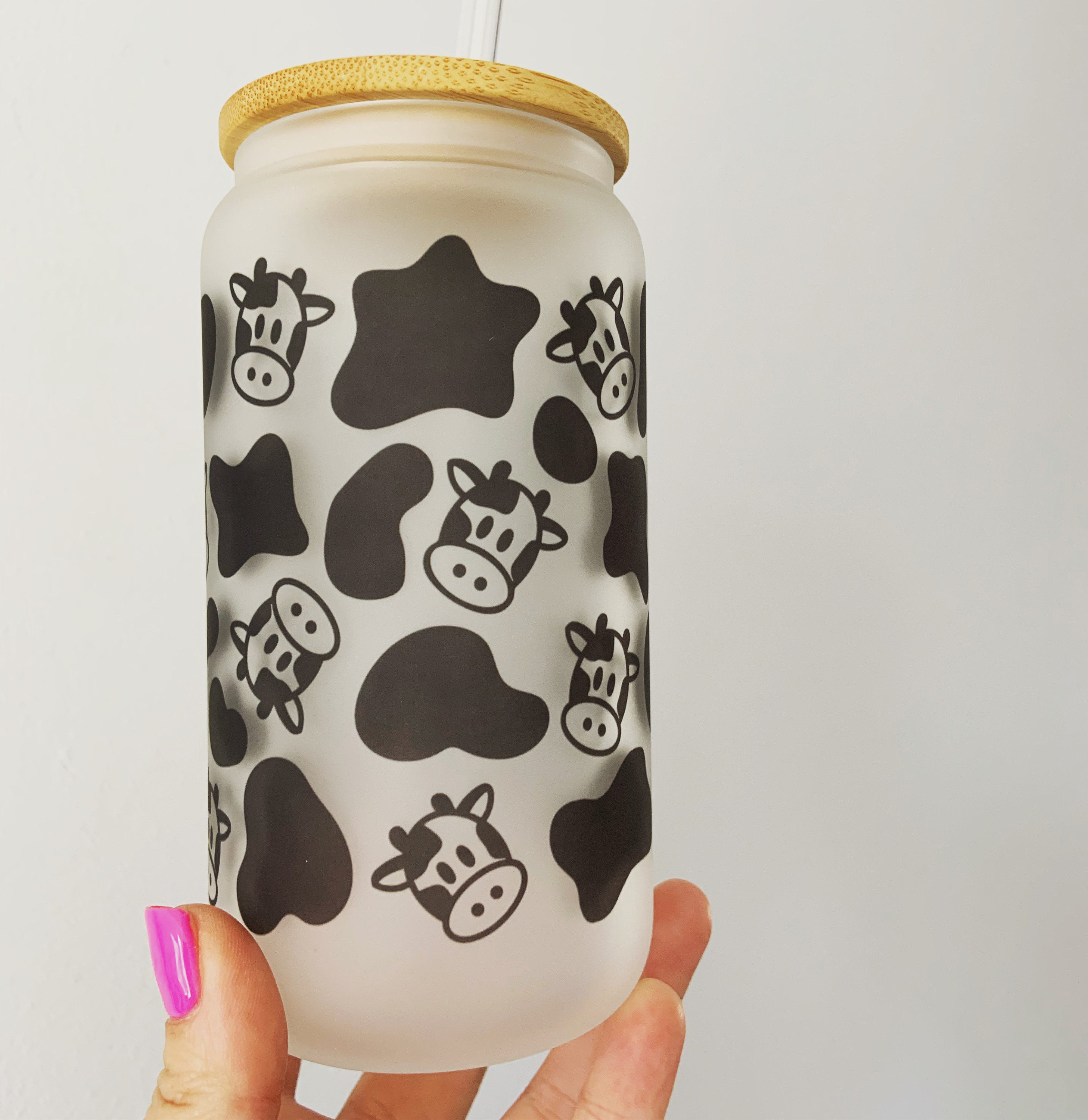 Cow Print Coffee Glass Can Cup, Cow print Tumbler, Coffee Glass cup, Beer  Can Cup, Bamboo Lid and Glass straw