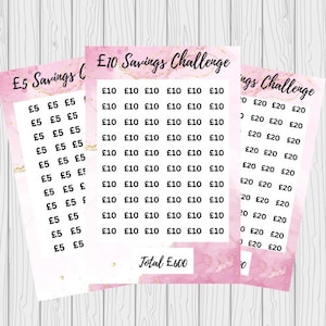 Puede incluir: Un gráfico de desafío de ahorro imprimible rosa y dorado con un total de 600 £. El gráfico está dividido en tres secciones, cada una con un objetivo de ahorro diferente: 5 £, 10 £ y 20 £.