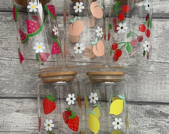 The Fruit Collection - Glass Cup 16oz/Iced Coffee Glass/Peach Iced Coffee/Fruit Iced Coffee